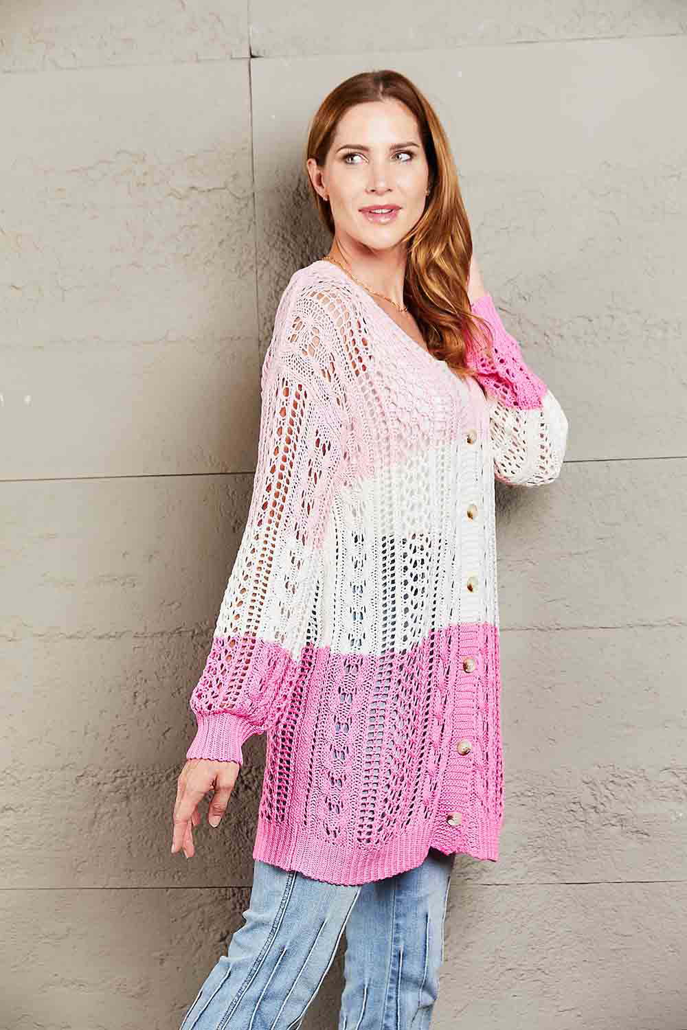 Double Take Openwork Ribbed Cuff Longline Cardigan