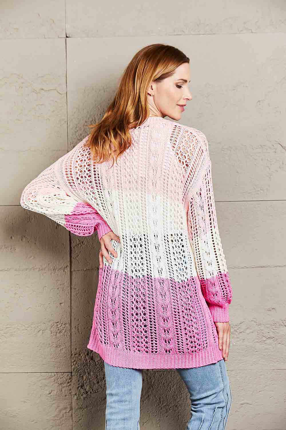 Double Take Openwork Ribbed Cuff Longline Cardigan