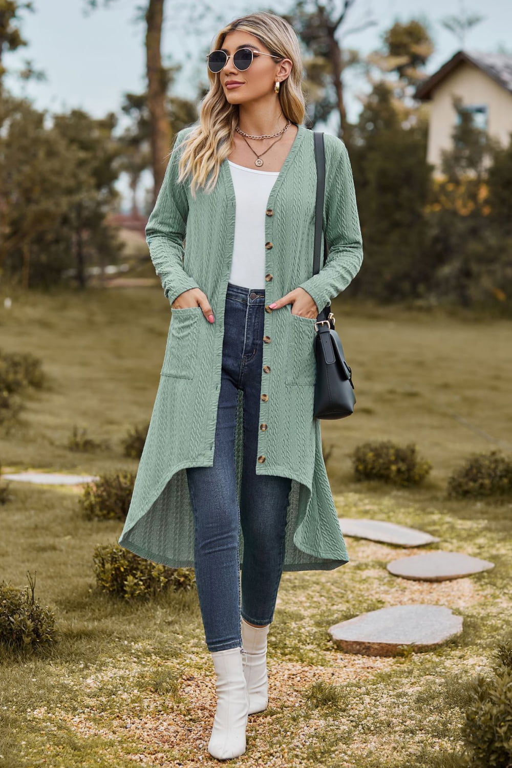 V-Neck Long Sleeve Cardigan with Pocket