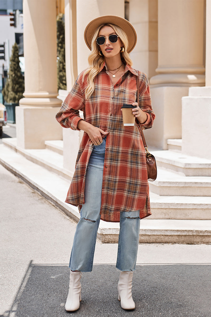 Plaid Collared Neck Long Sleeve Shirt