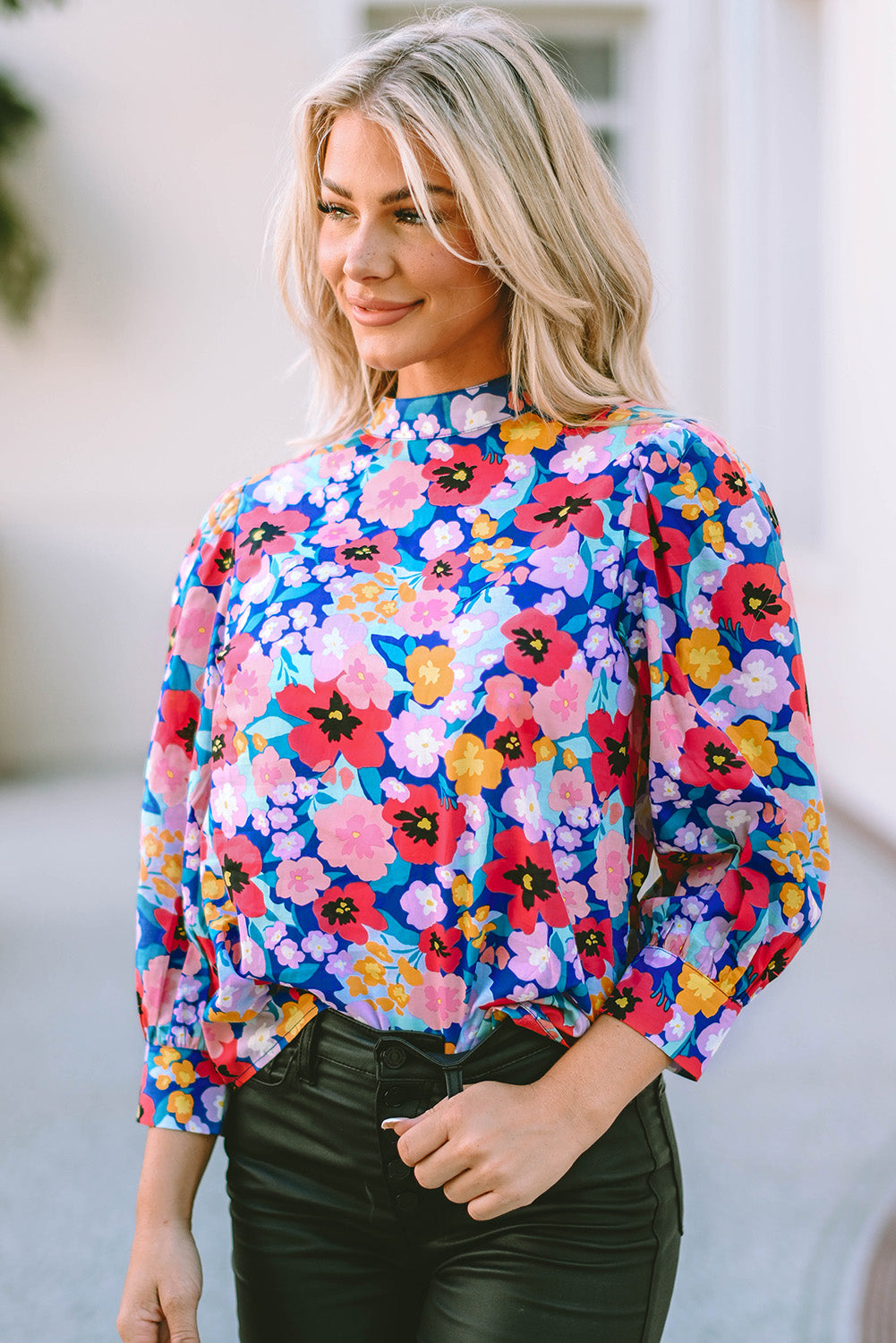 Printed Round Neck Long Sleeve Blouse