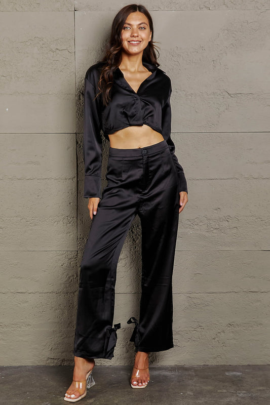 Long Sleeve Cropped Blouse and Tie Detail Long Pants Set