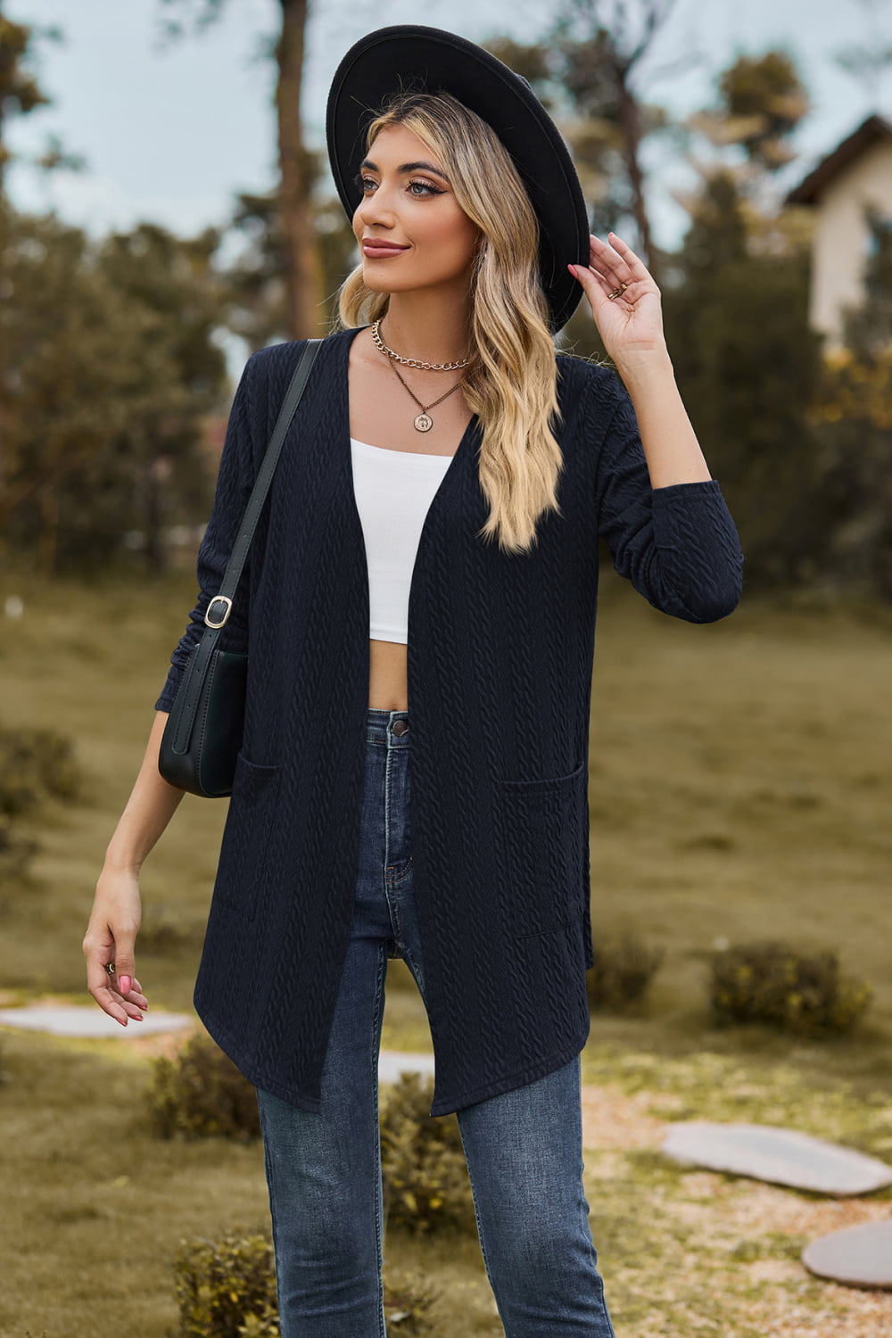 Cable-Knit Long Sleeve Cardigan with Pocket