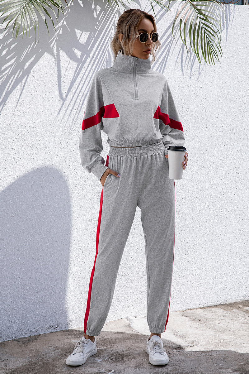 Turtle Neck Long Sleeve Zip-Up Top Long Pants Set