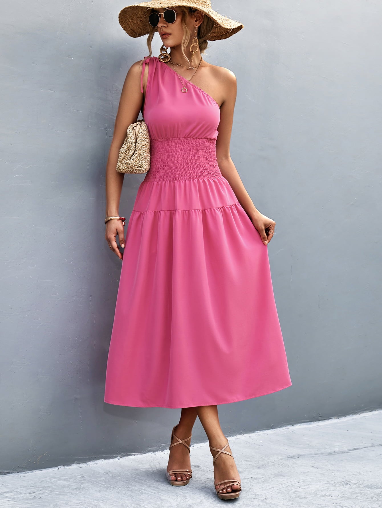 Asymmetrical One Shoulder Smocked Waist Midi Dress