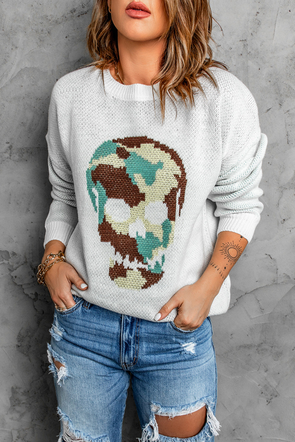 Woven Right Skull Graphic Drop Shoulder Sweater