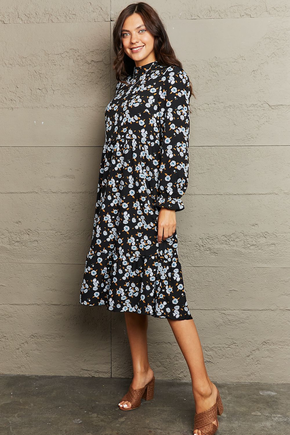 Printed Round Neck Flounce Sleeve Dress