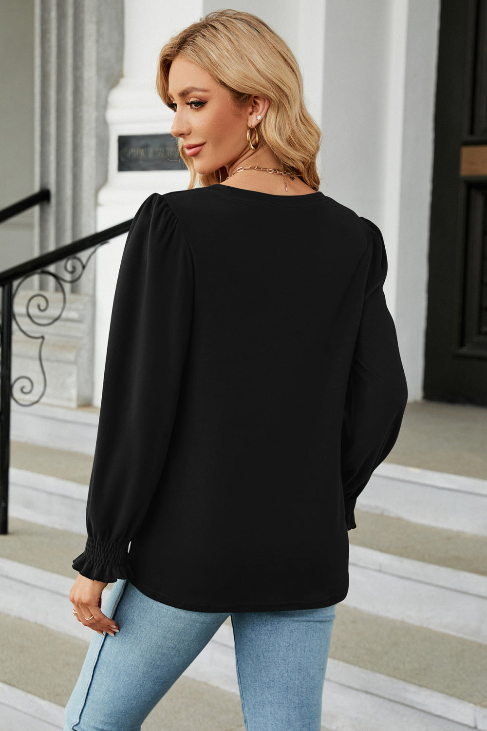 Round Neck Smocked Flounce Sleeve Blouse