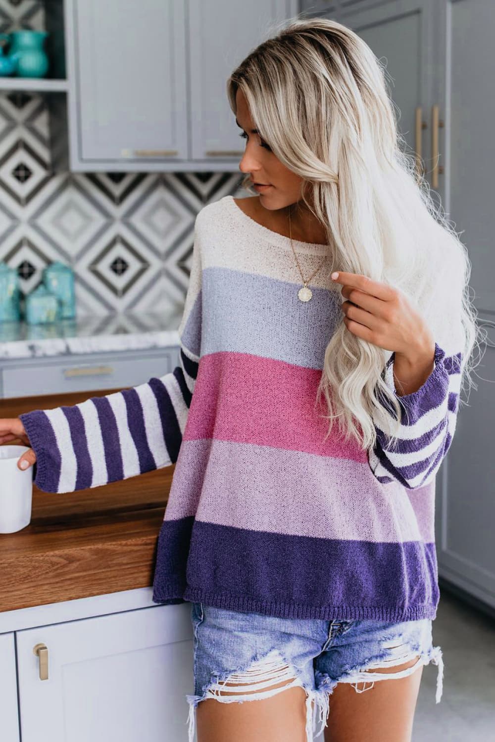 Color Block Boat Neck Dropped Shoulder Sweater