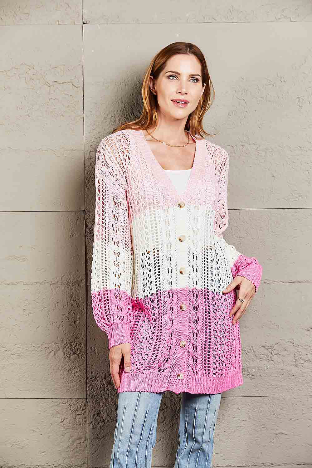 Double Take Openwork Ribbed Cuff Longline Cardigan