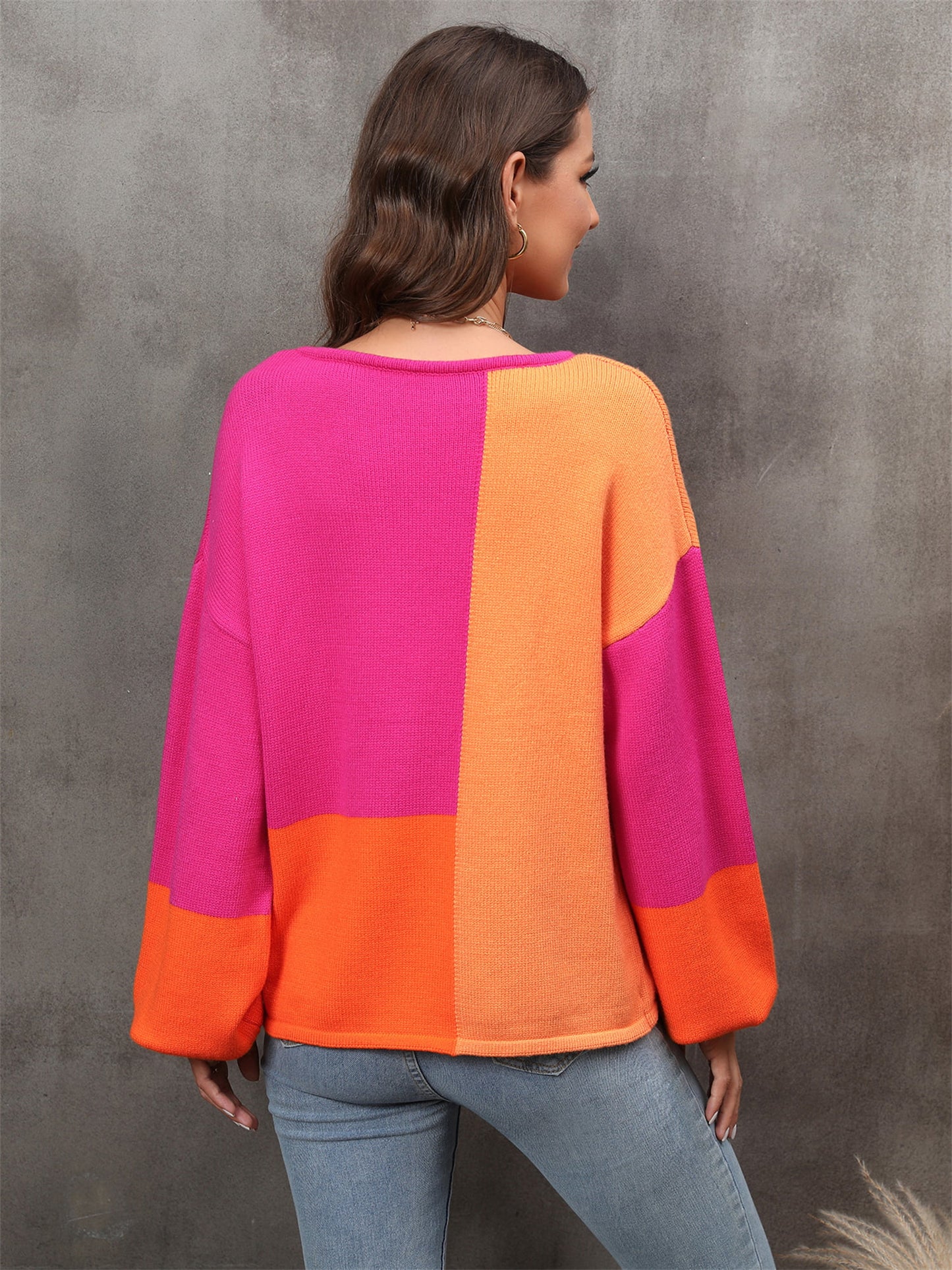 Color Block Round Neck Dropped Shoulder Sweater