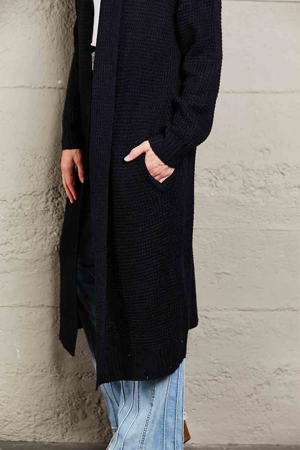 Double Take Waffle Knit Open Front Duster Cardigan With Pockets