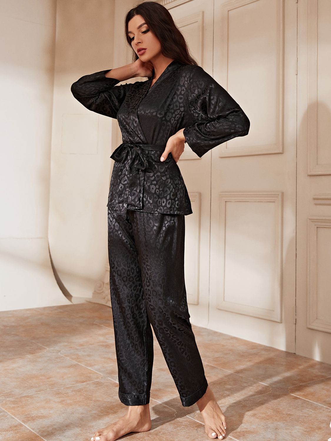 Surplice Neck Tie Waist Long Sleeve Blouse and Pants Pajama Set