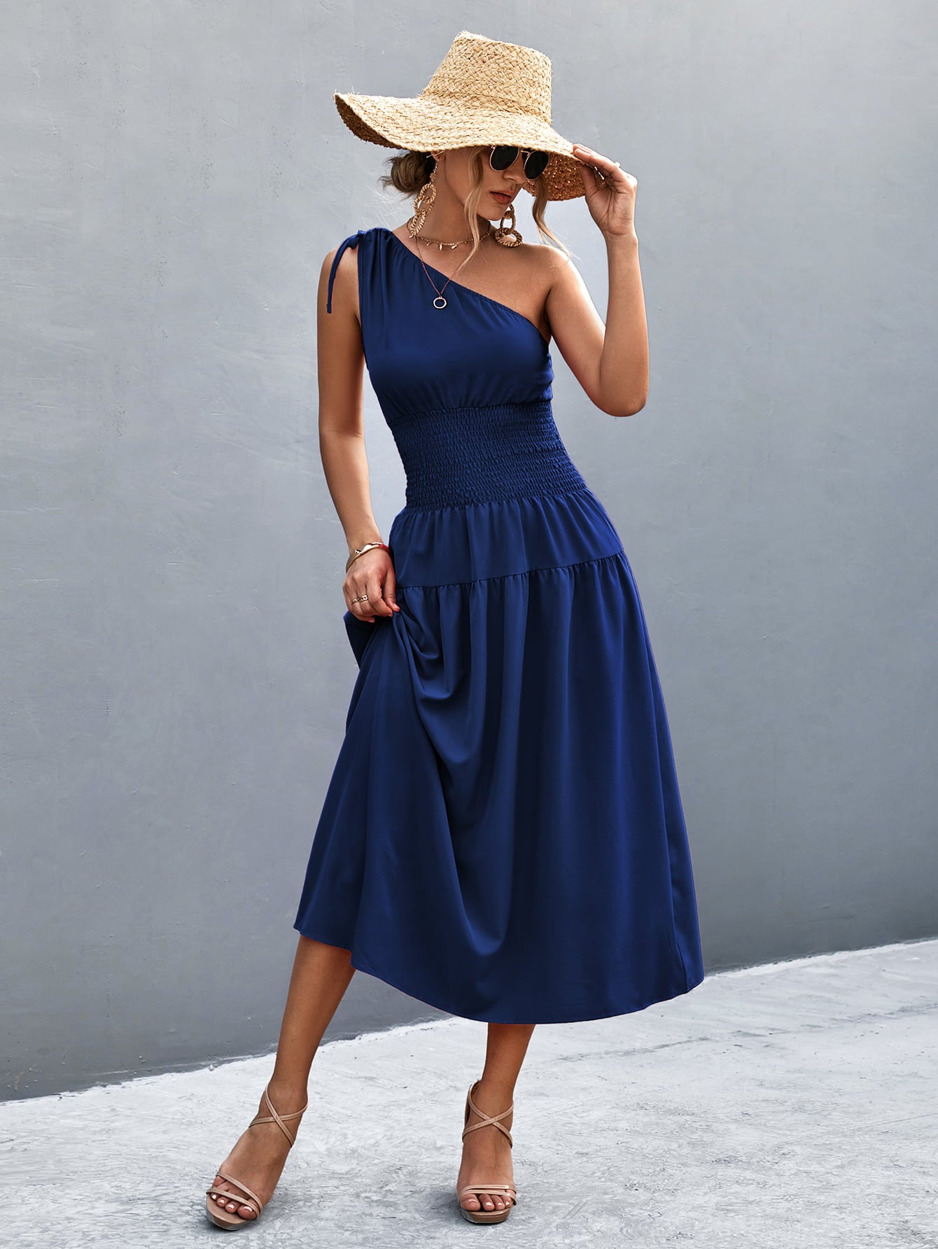 Asymmetrical One Shoulder Smocked Waist Midi Dress