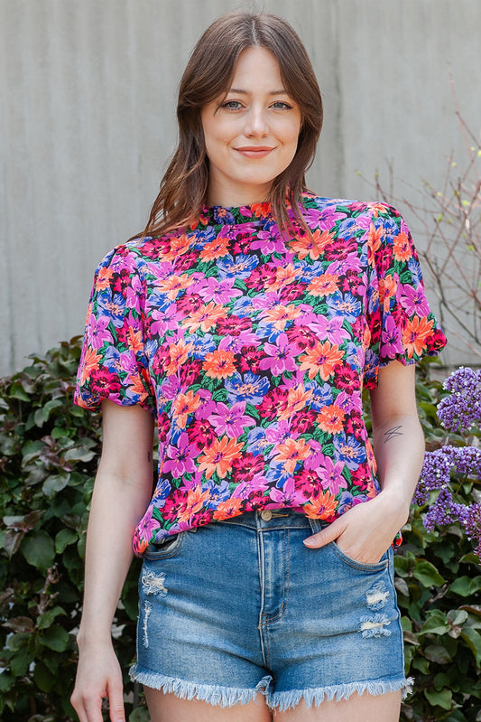 Floral Print Puff Sleeve Round Neck Blouse