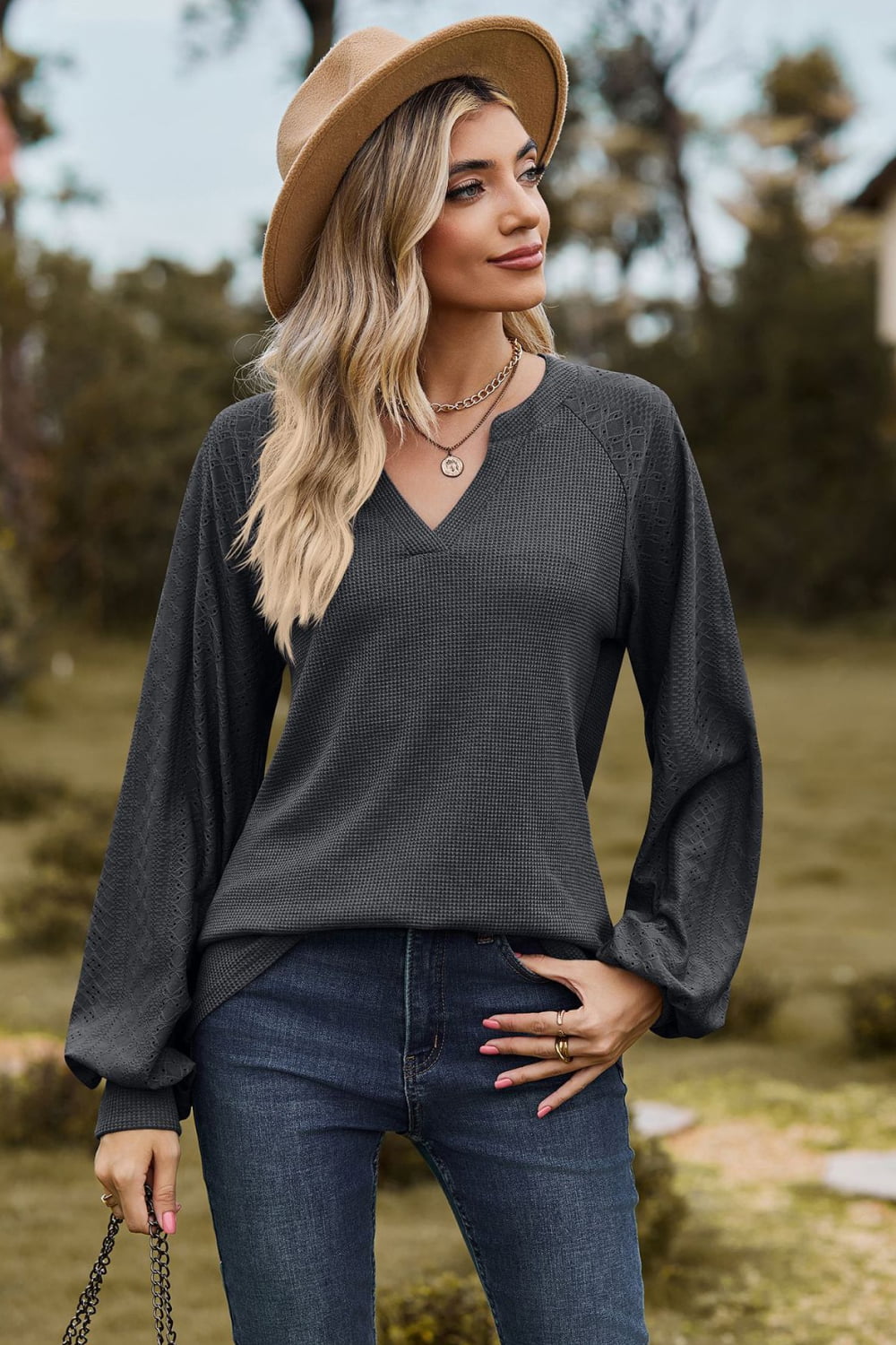 Notched Neck Raglan Sleeve Blouse