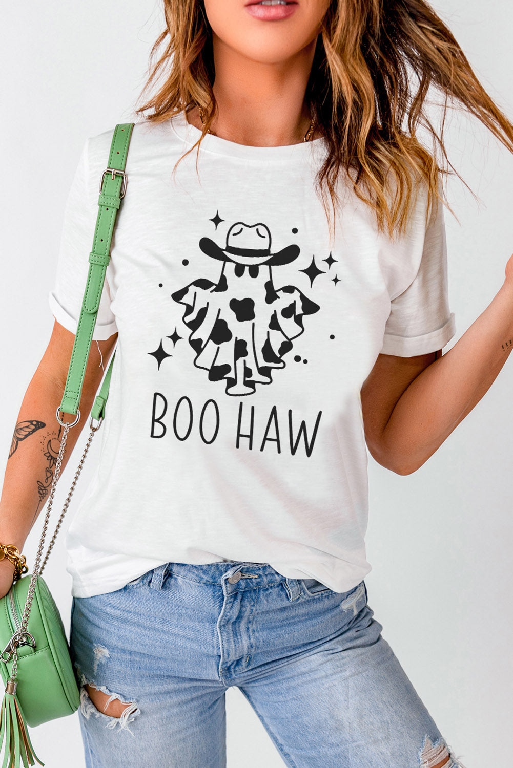 V-Neck Short Sleeve BOO HAW Ghost Graphic T-Shirt